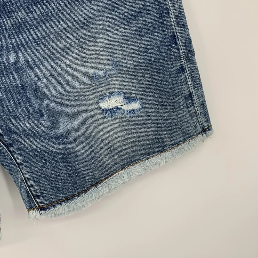 Sandrine Rose cut-off long denim jean shorts distressed frayed hem blue new 28